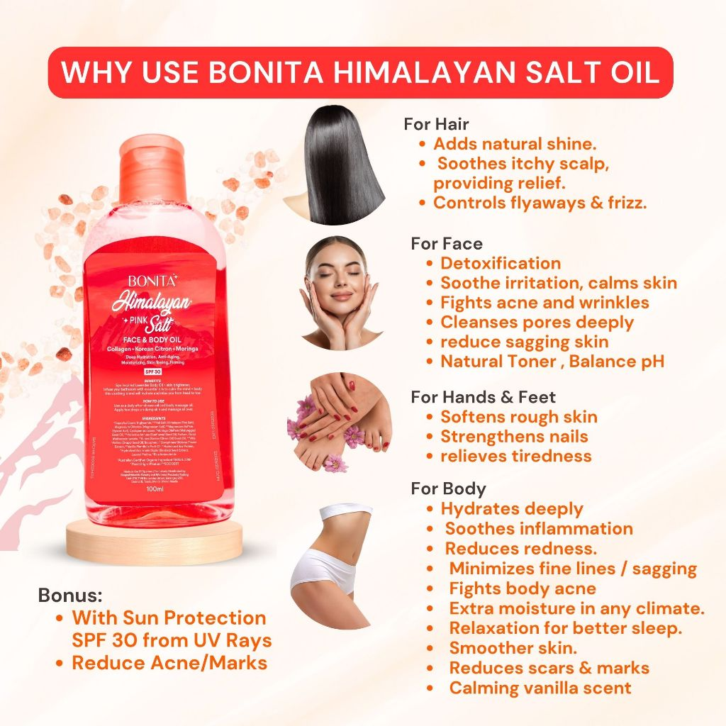 Bonita Himalayan Pink Salt Face and Body Oil with SPF 30, Korean Citron, Collagen, Moringa | Organic