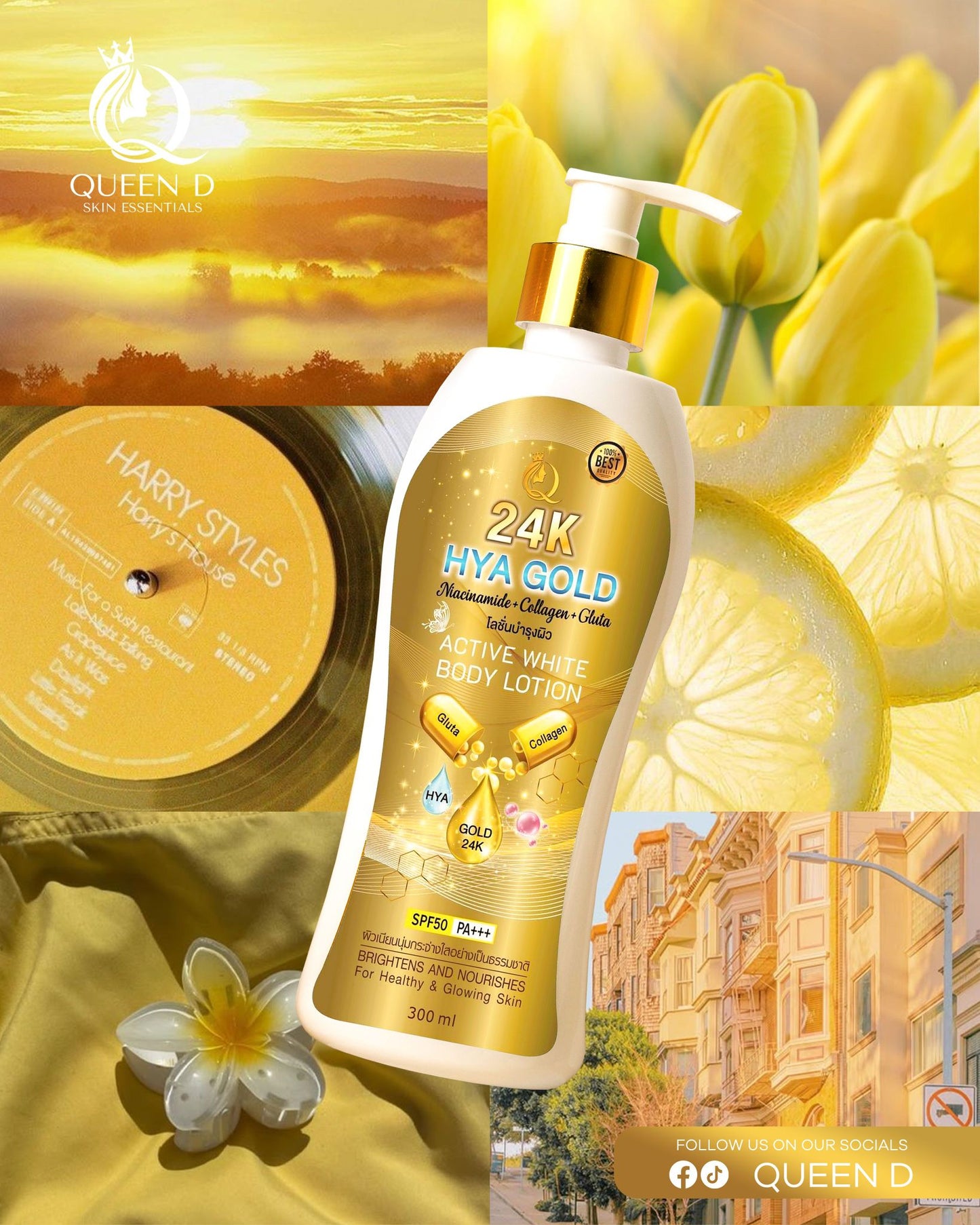 QUEEN D 24K HYA GOLD Active White Body Lotion with SPF 50 PA+++ 300ml | NEW
