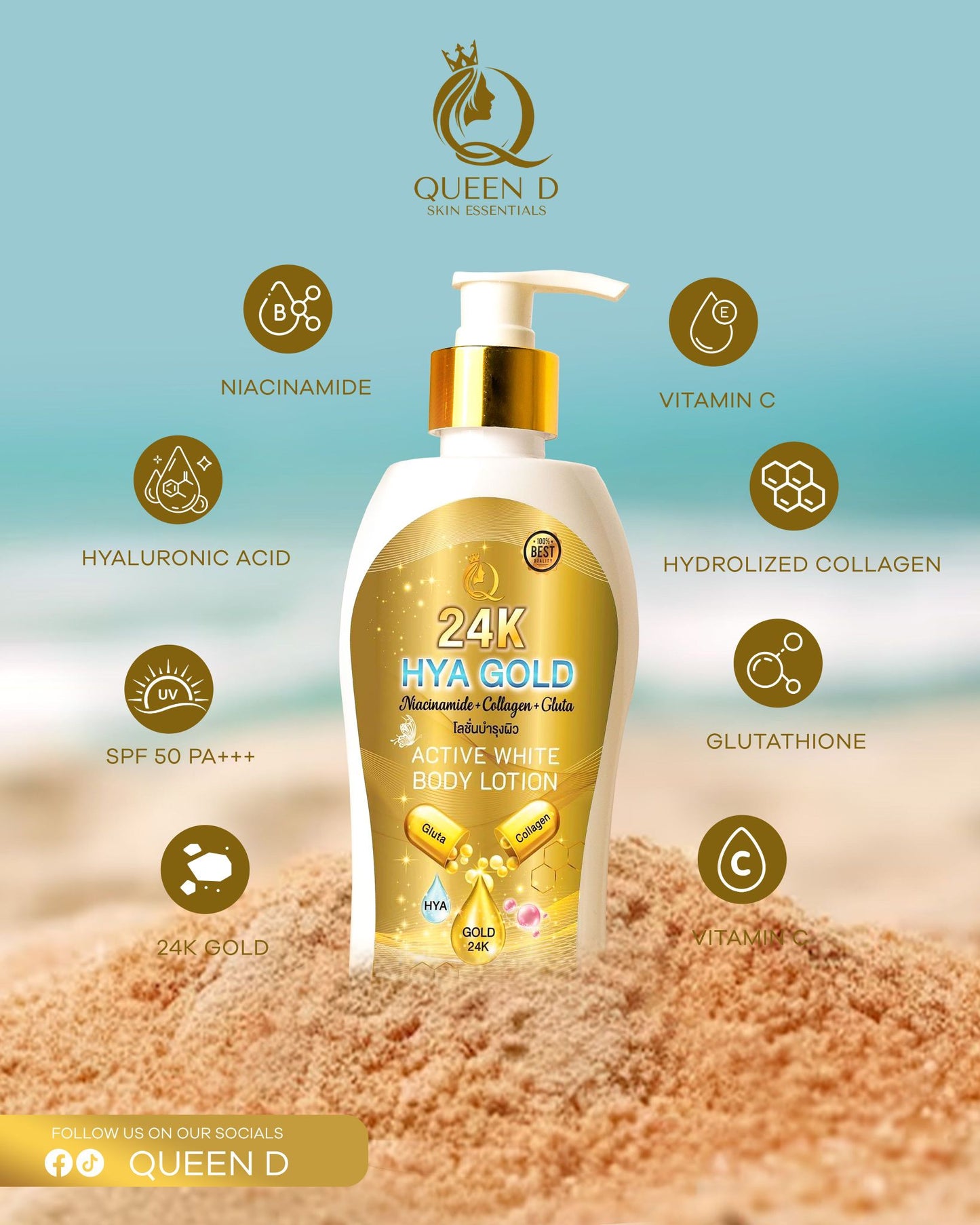QUEEN D 24K HYA GOLD Active White Body Lotion with SPF 50 PA+++ 300ml | NEW