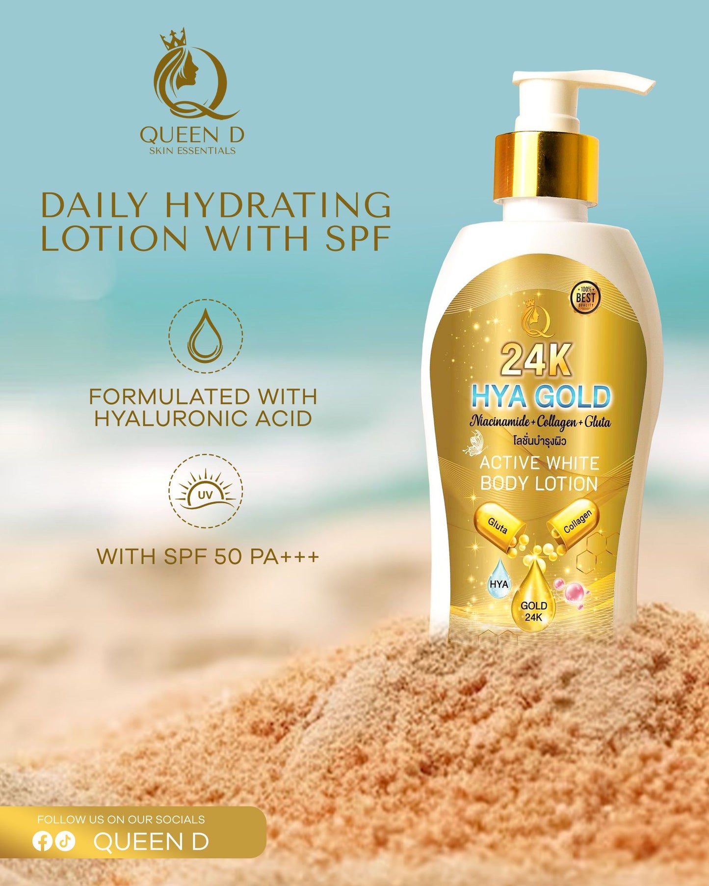 QUEEN D 24K HYA GOLD Active White Body Lotion with SPF 50 PA+++ 300ml | NEW