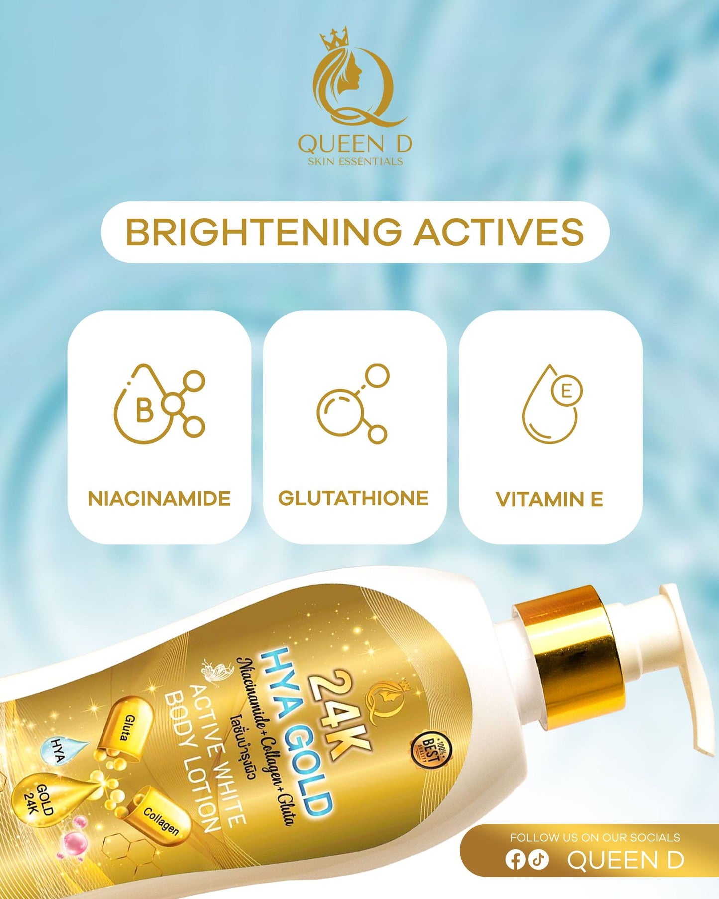 QUEEN D 24K HYA GOLD Active White Body Lotion with SPF 50 PA+++ 300ml | NEW