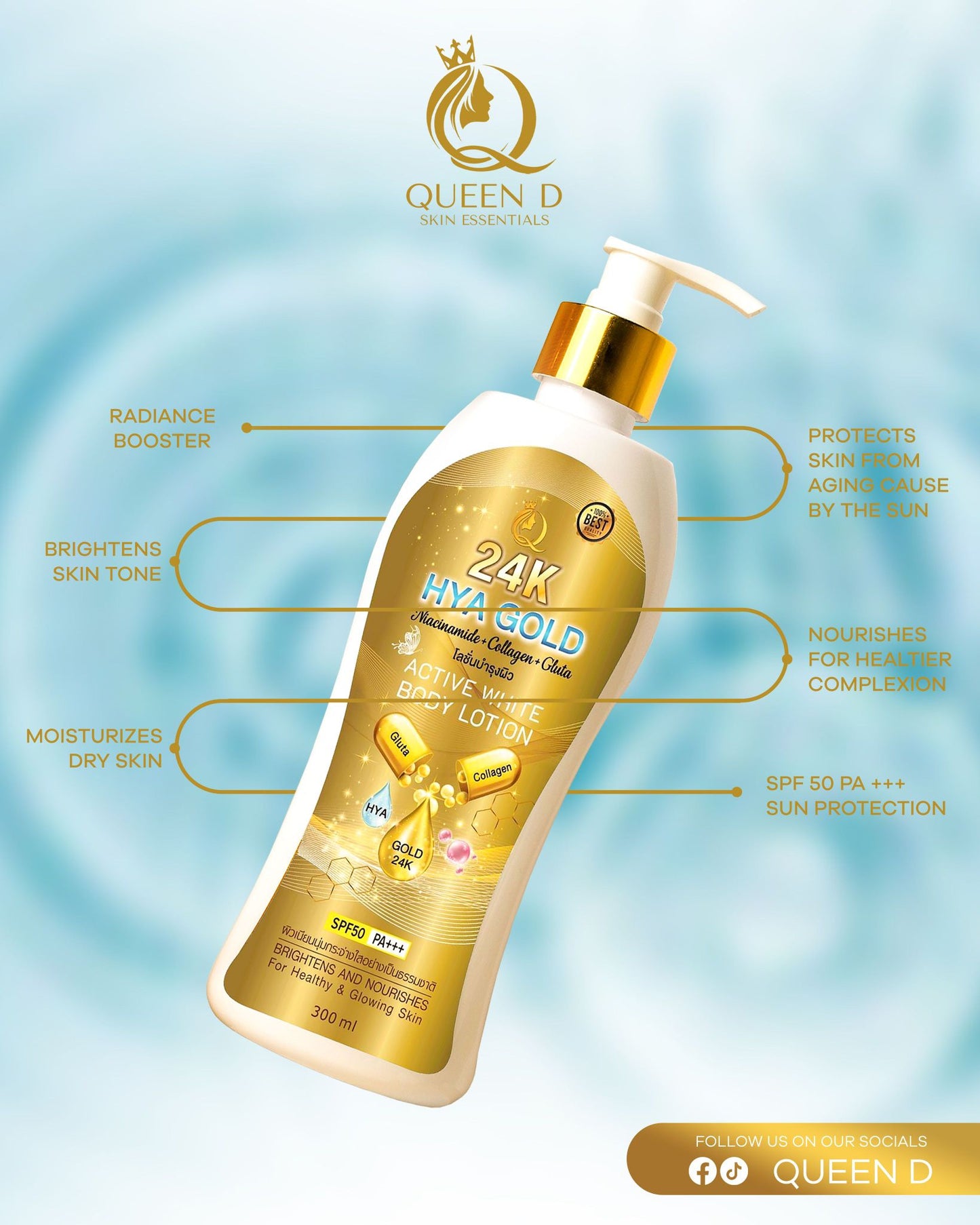 QUEEN D 24K HYA GOLD Active White Body Lotion with SPF 50 PA+++ 300ml | NEW