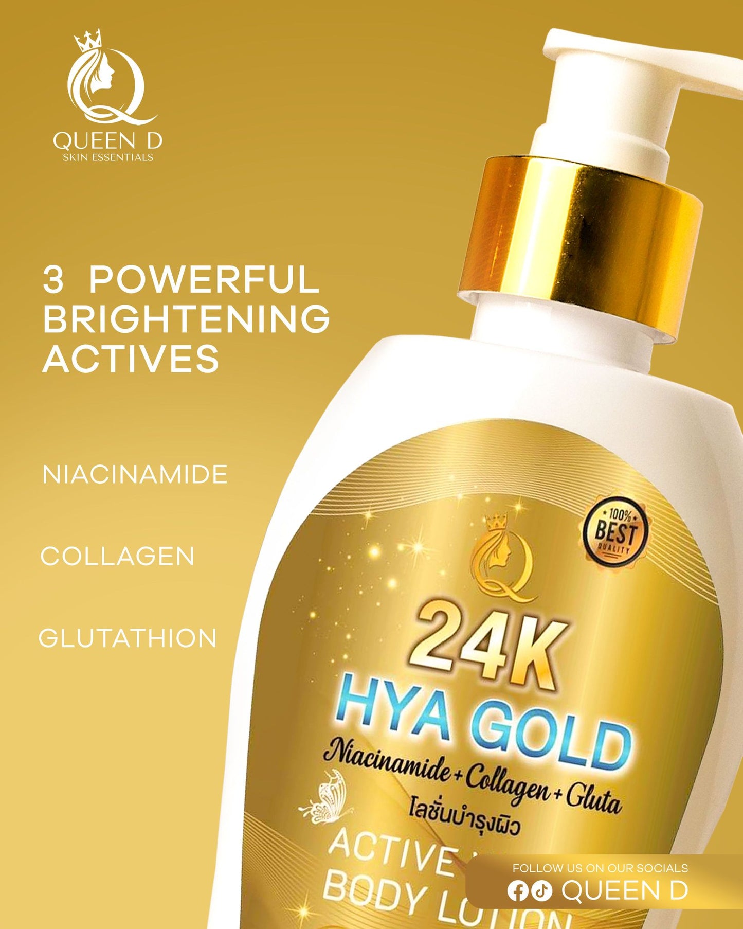 QUEEN D 24K HYA GOLD Active White Body Lotion with SPF 50 PA+++ 300ml | NEW
