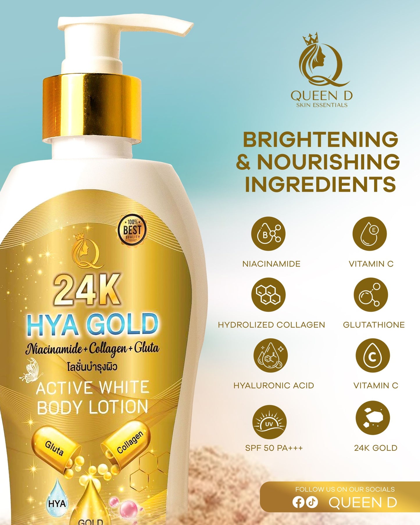QUEEN D 24K HYA GOLD Active White Body Lotion with SPF 50 PA+++ 300ml | NEW