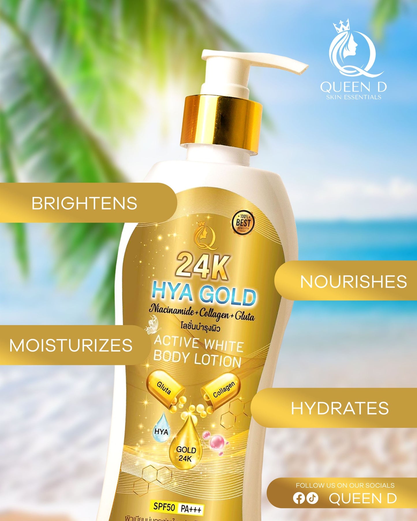QUEEN D 24K HYA GOLD Active White Body Lotion with SPF 50 PA+++ 300ml | NEW