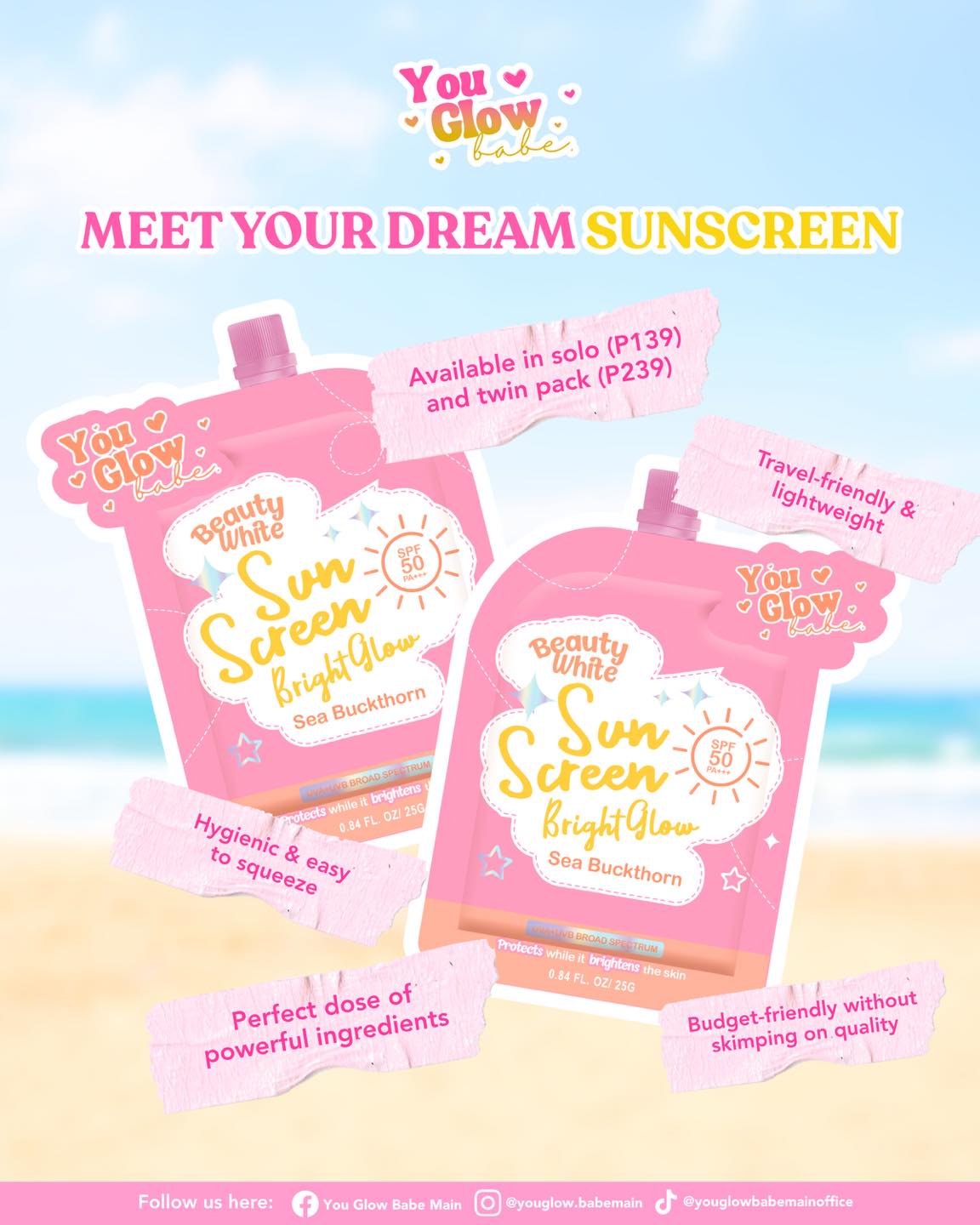 You Glow Babe Beauty White Bright Glow with Sea Buckthorn Sunscreen SPF 50 PA+++
