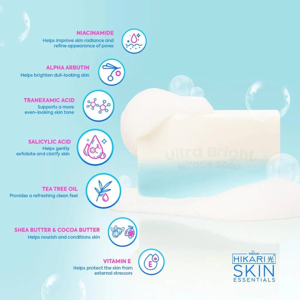 Hikari Skin Essentials Ultra Bright Miracle Soap with Niacinamide, Alpha Arbutin, and Licorice
