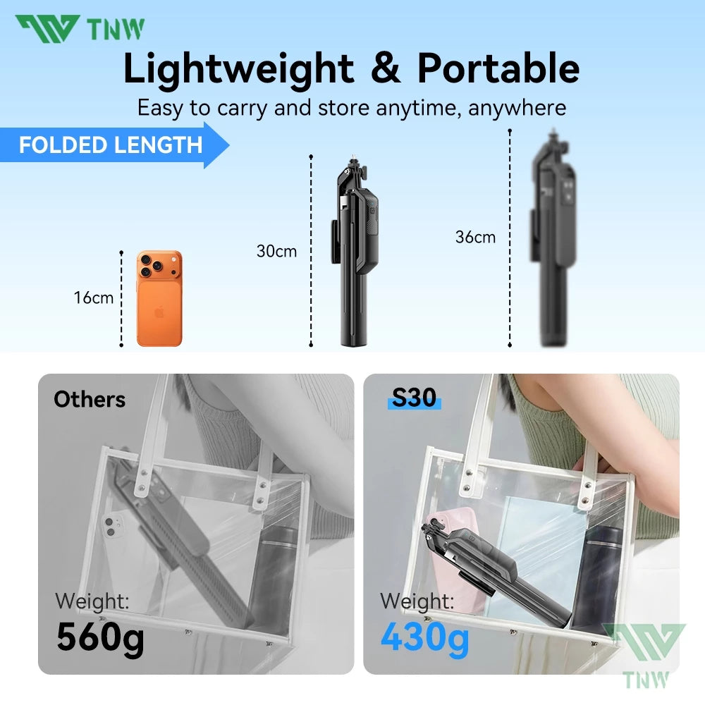 TNW S30 Four Corner Selfie Stick Tripod 360°Rotation with Bluetooth Remote Fill light for Vlogging
