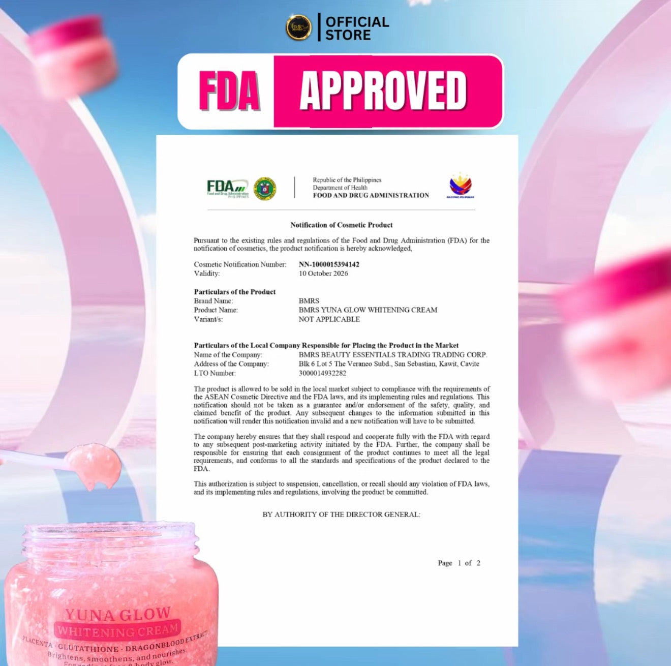 BMRS Yuna Glow Whitening Cream with Placenta, Glutathione and Dragon Blood Extract