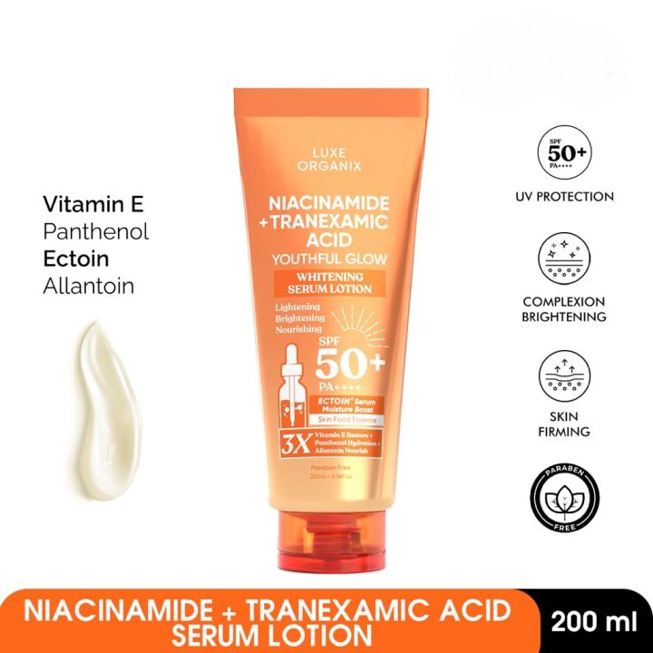 Luxe Organix Niacinamide + Tranexamic Acid Youthful Glow Whitening Serum Lotion Spf 50 Pa++++ 200Ml