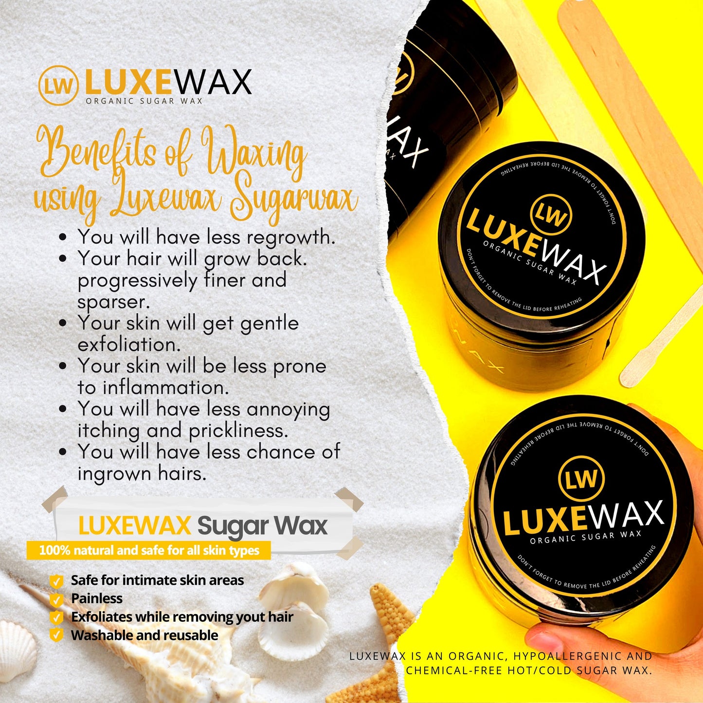 LUXEWAX SUGAR WAX HAIR REMOVAL KIT