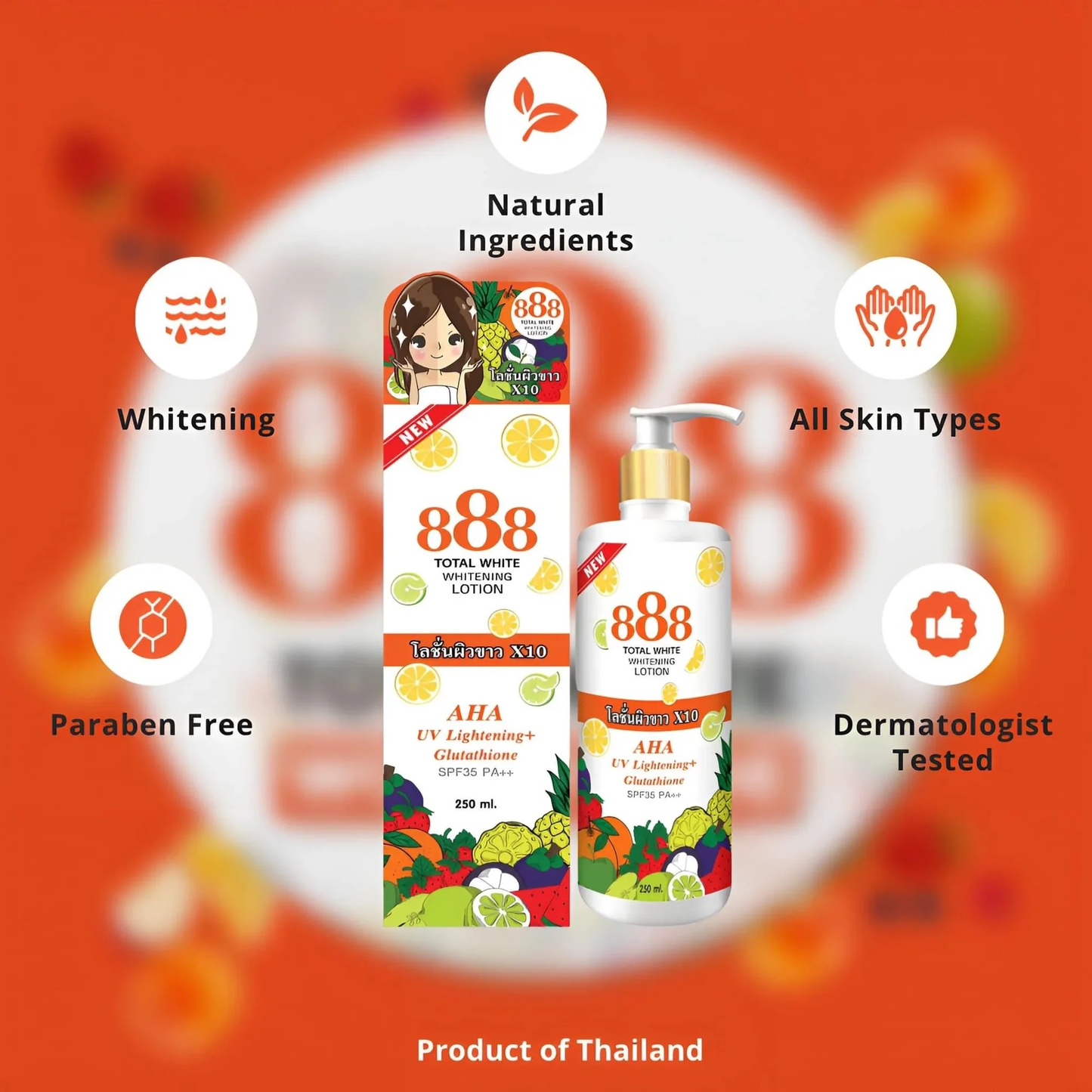 AUTHENTIC FROM THAILAND! 888 TOTAL WHITE WHITENING LOTION (UV Lightening and Glutathione)