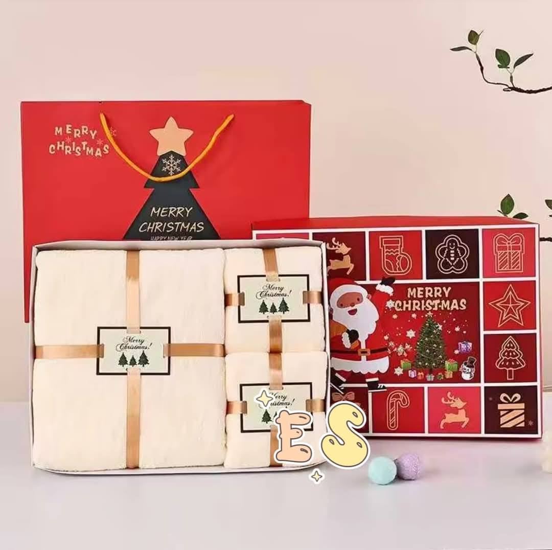 Trending Now! Christmas 3 in 1 Gift Set Bath Towel With Box and Paper Bag