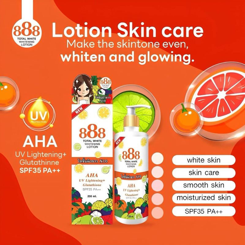 AUTHENTIC FROM THAILAND! 888 TOTAL WHITE WHITENING LOTION (UV Lightening and Glutathione)