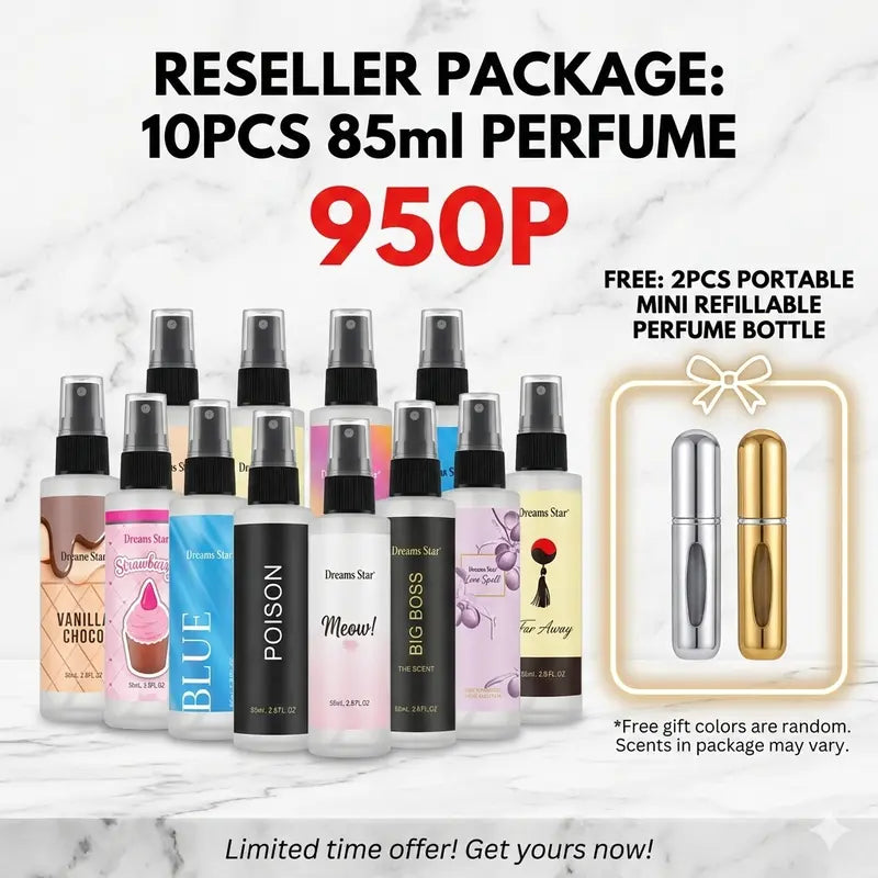 RESELLER PACKAGE: 10PCS 85ML PERFUME FOR 950 | Start Your Own Business Kit | Assorted Best-Selling Scents (Vanilla Choco, Love Spell, Big Boss) + 2 FREE Freebies