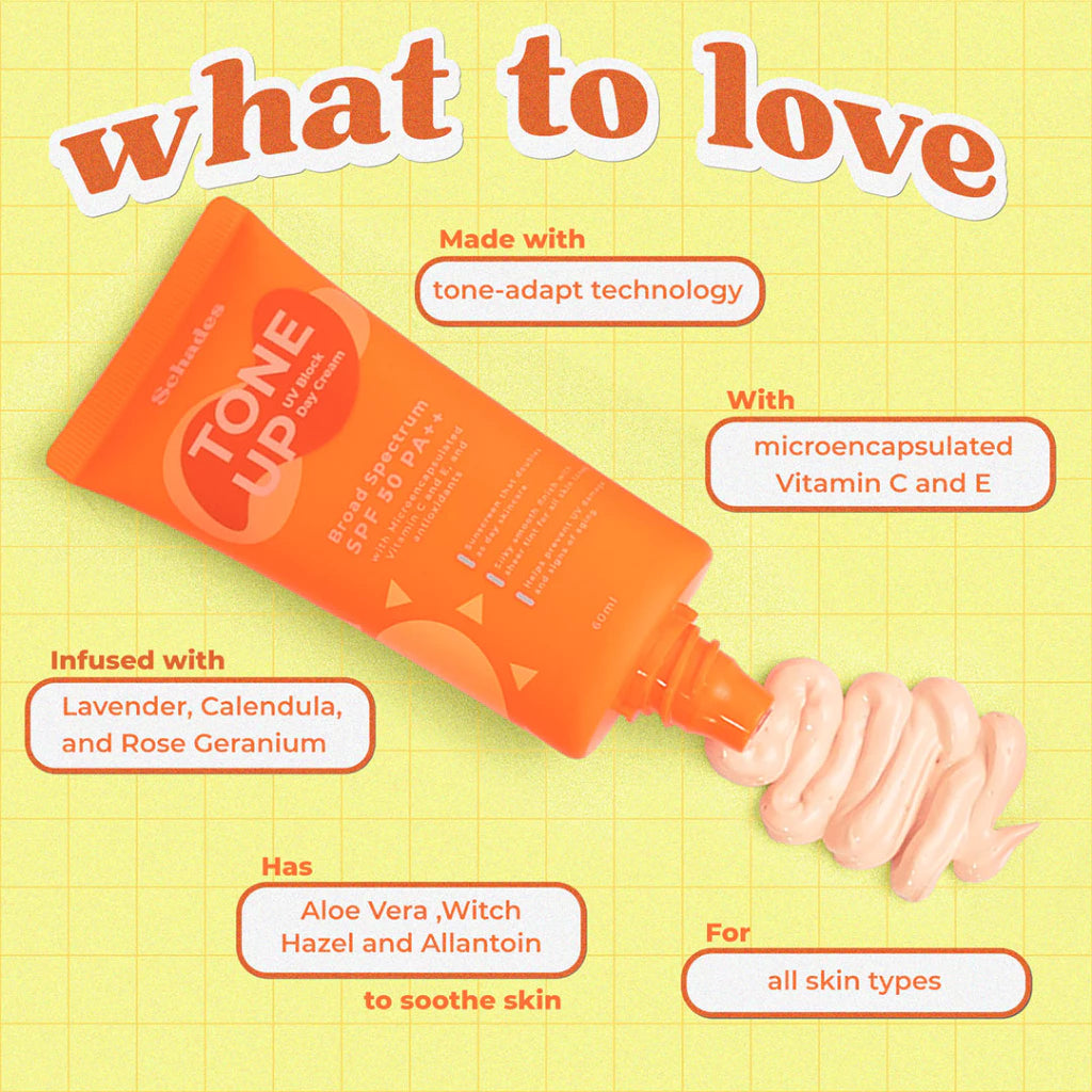 Schades Tone Up UV Block Day Cream Broad Spectrum Sunscreen SPF 50 PA ++ | All Skin Types | Skintint