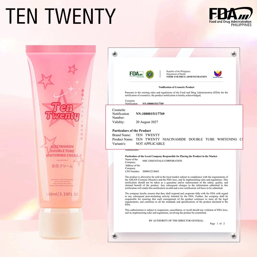 TEN TWENTY 100 ML Niacinamide Whitening Cream for Face & Body Instant Brightening Double Tube Cream
