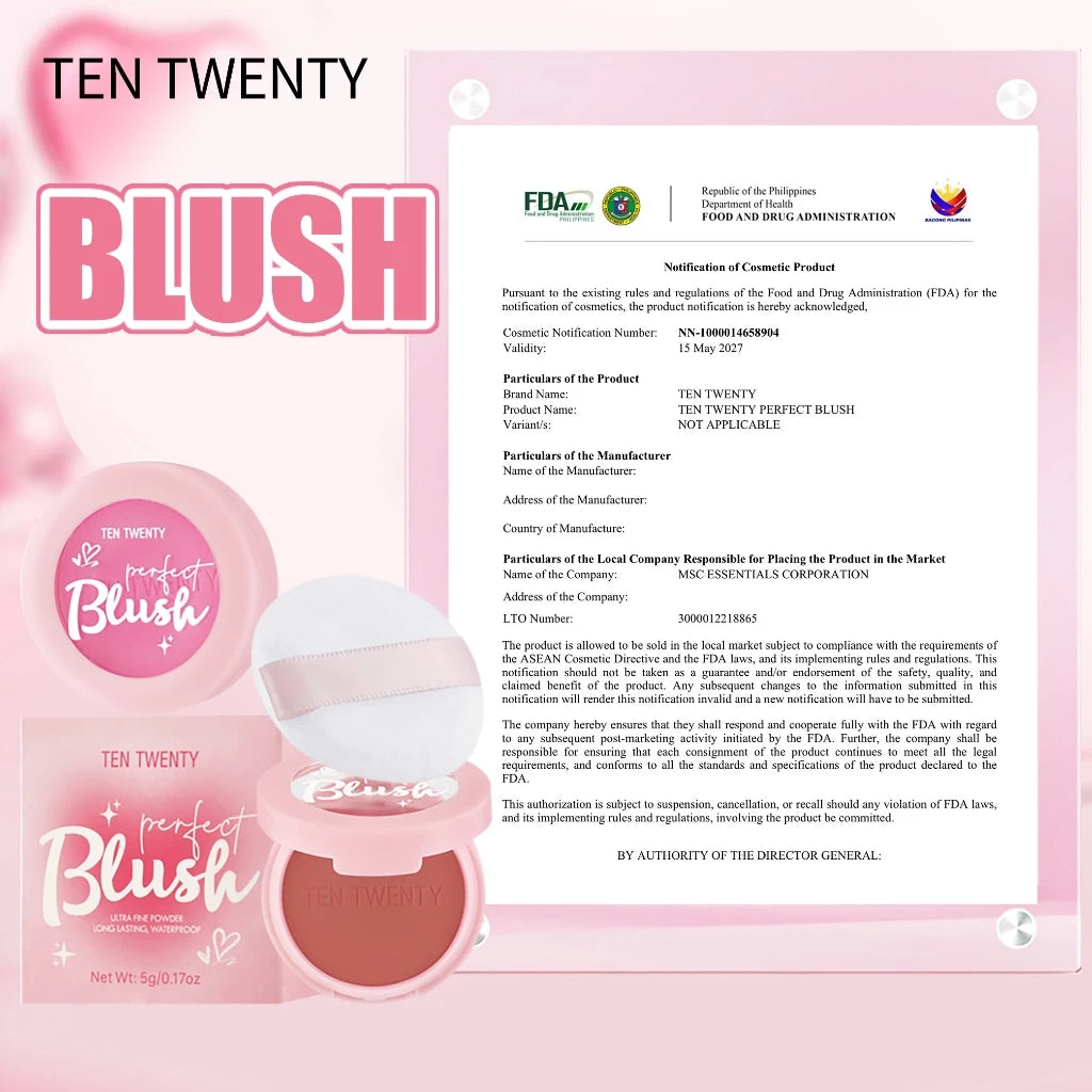 TEN TWENTY Waterproof Blush Powder Natural Pigmented Matte Highlight Brighten Contour Nude Cosmetics