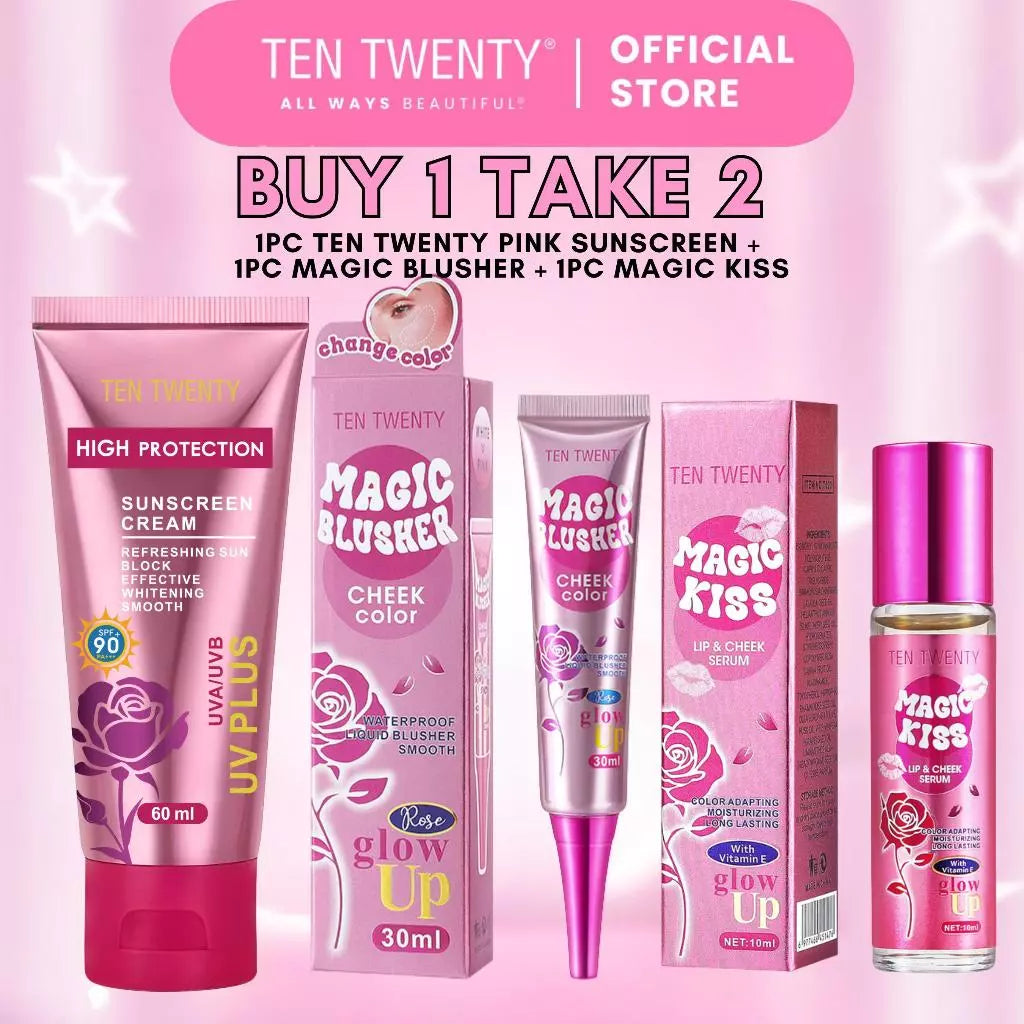 BUY 1 TAKE 2 TEN TWENTY SPF90 Pink Sunscreen + Magic Kiss Lip & Cheek Serum + Magic Blusher