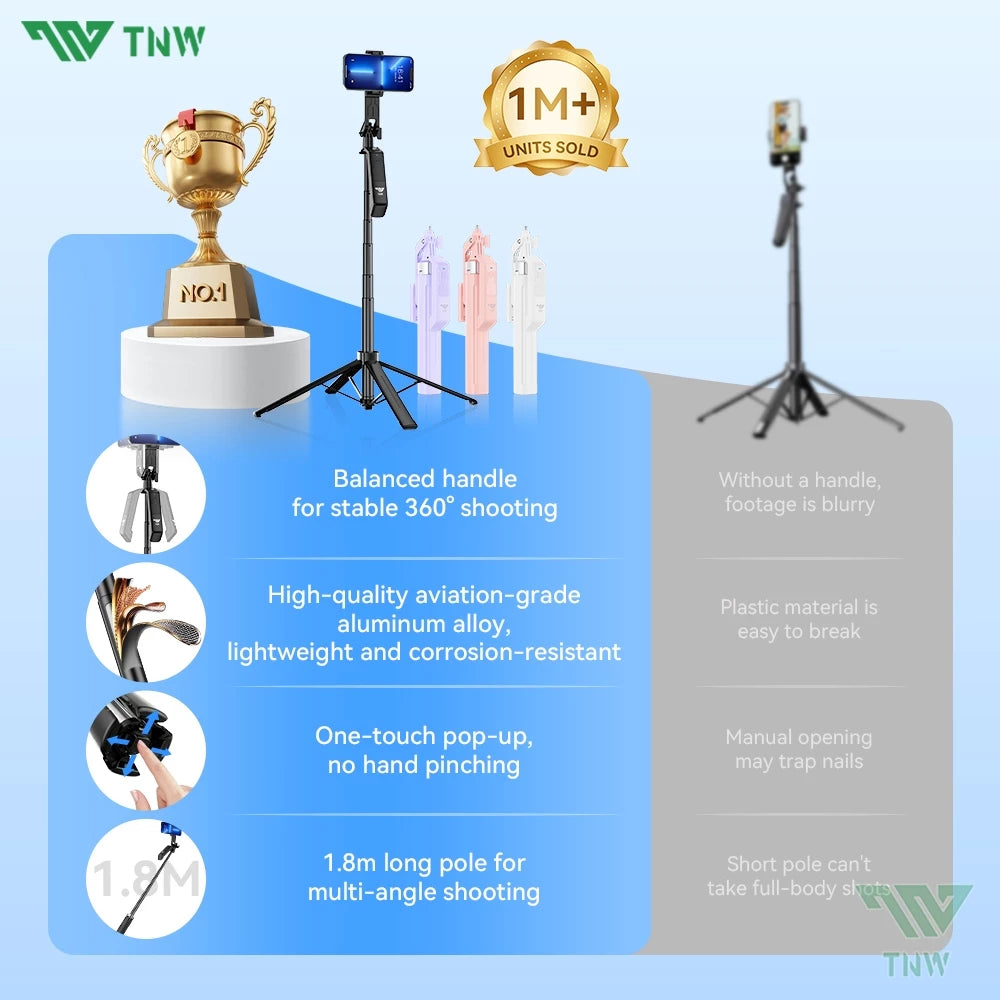TNW S30 Four Corner Selfie Stick Tripod 360°Rotation with Bluetooth Remote Fill light for Vlogging