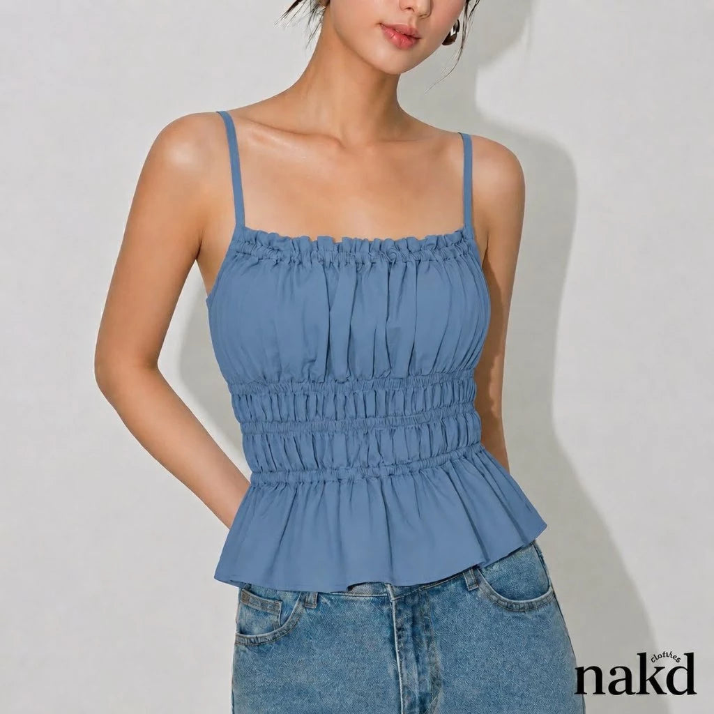NAKD FASHION BELLORA SEXY STRING COTTON LINEN SMOCKING BACK DAILY CASUAL SUMMER TOP