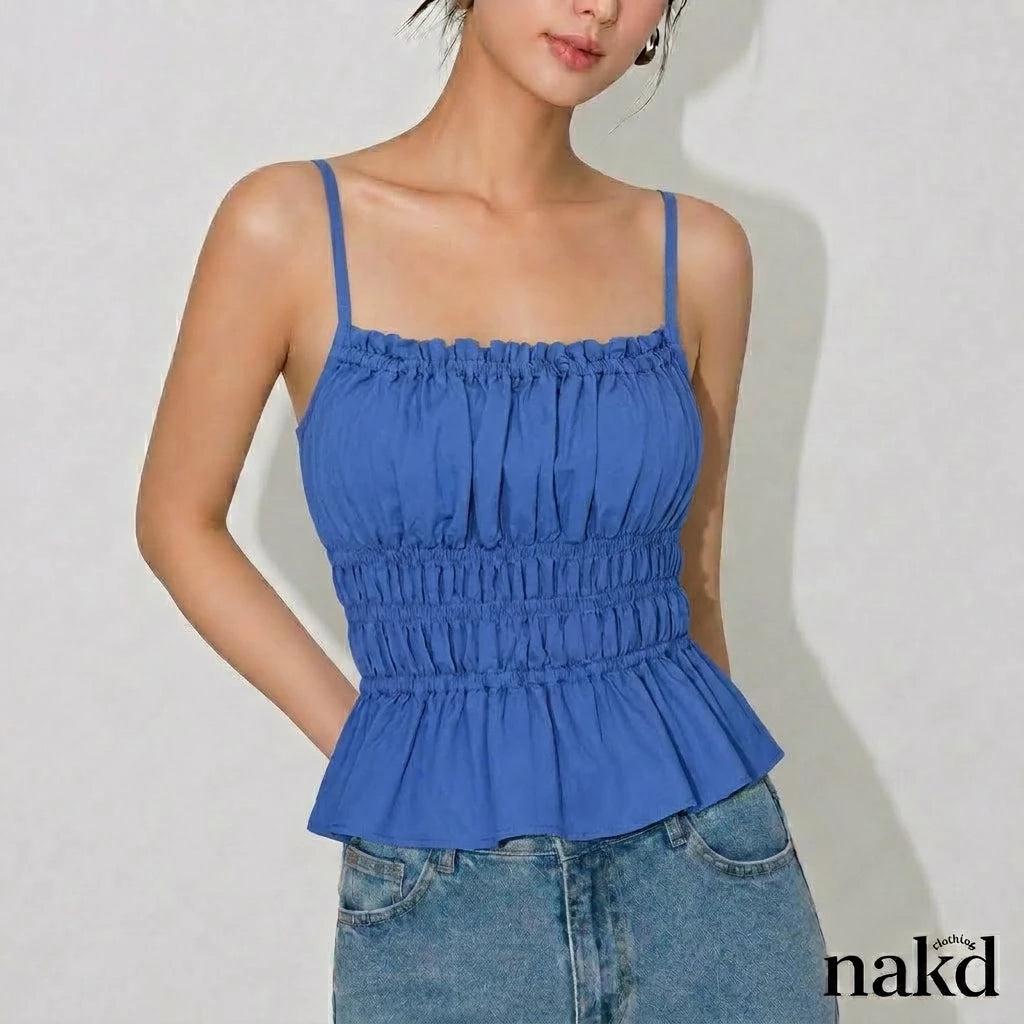 NAKD FASHION BELLORA SEXY STRING COTTON LINEN SMOCKING BACK DAILY CASUAL SUMMER TOP