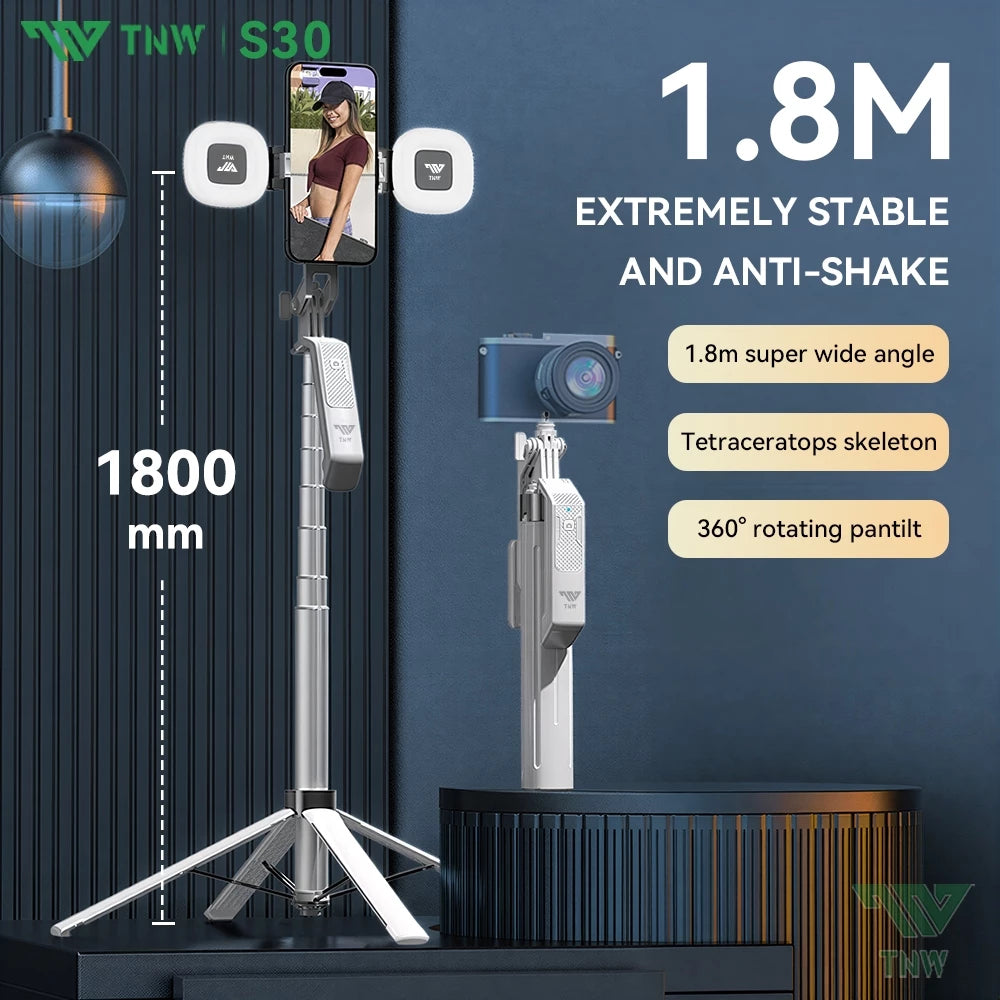 TNW S30 Four Corner Selfie Stick Tripod 360°Rotation with Bluetooth Remote Fill light for Vlogging