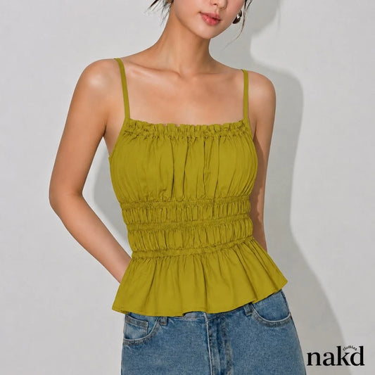 NAKD FASHION BELLORA SEXY STRING COTTON LINEN SMOCKING BACK DAILY CASUAL SUMMER TOP