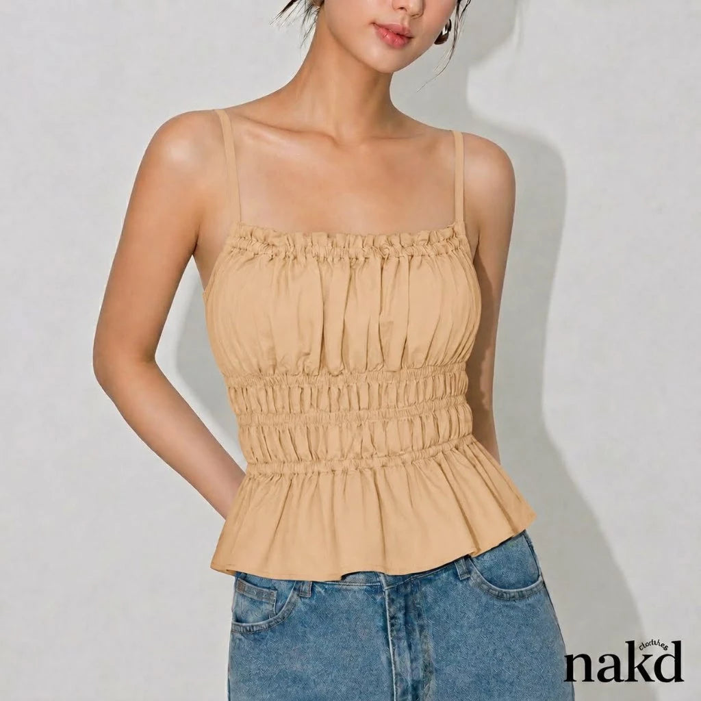 NAKD FASHION BELLORA SEXY STRING COTTON LINEN SMOCKING BACK DAILY CASUAL SUMMER TOP