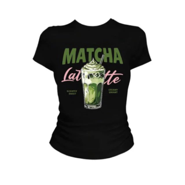 Women's casual T-shirt, American retro matcha latte illustration print regular
