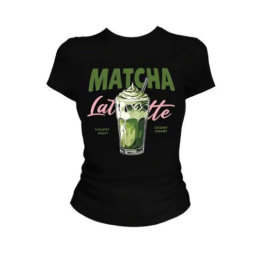 Women's casual T-shirt, American retro matcha latte illustration print regular