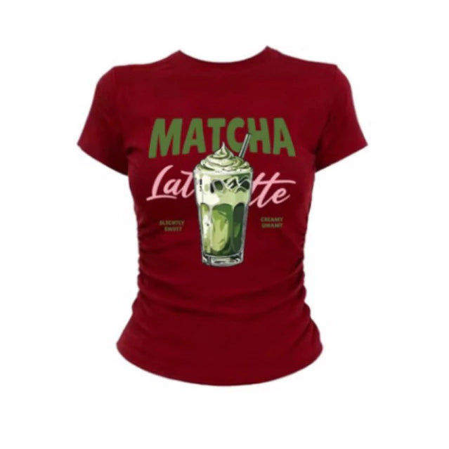 Women's casual T-shirt, American retro matcha latte illustration print regular