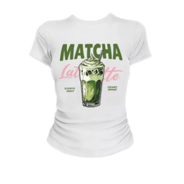 Women's casual T-shirt, American retro matcha latte illustration print regular