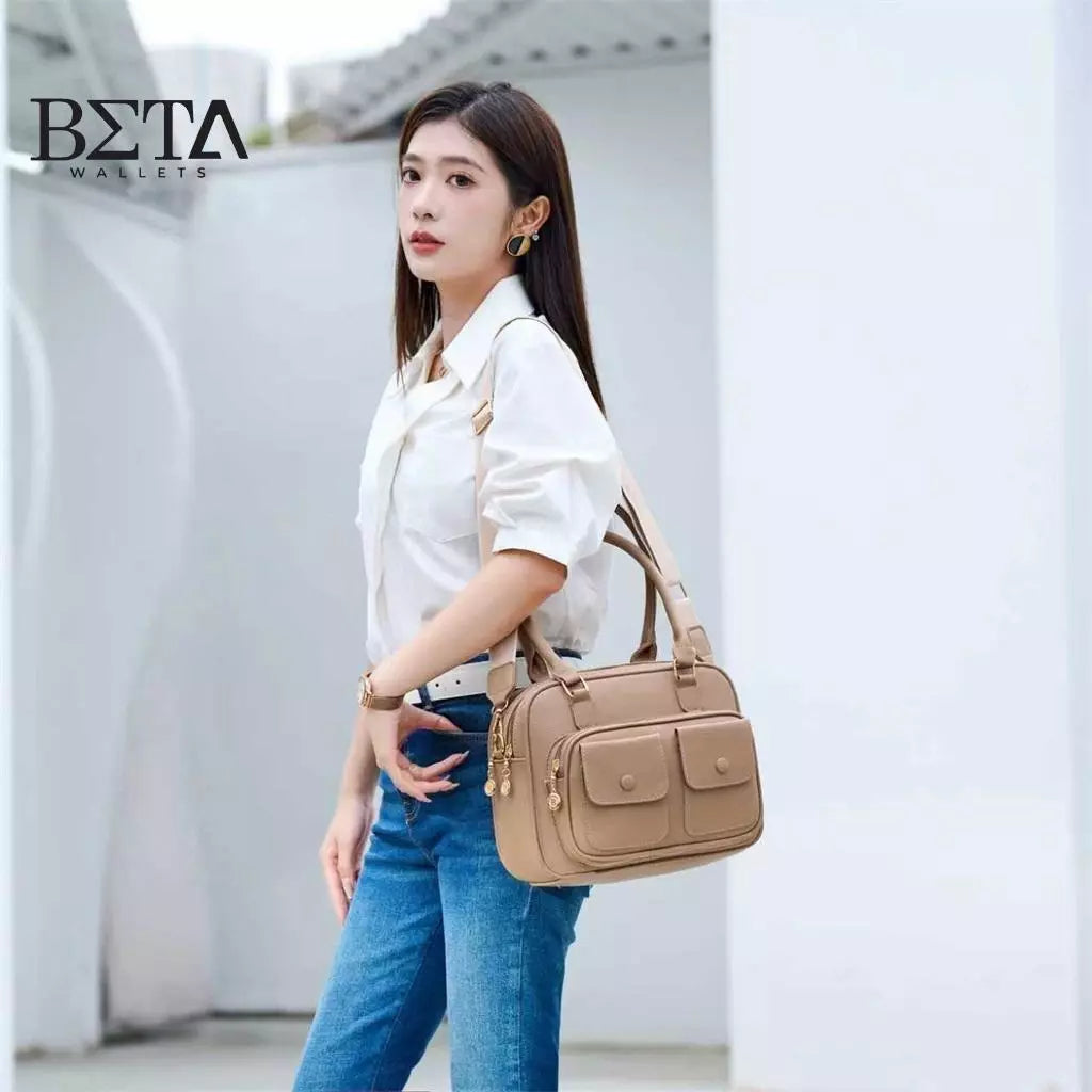 Ladies Vintage Leather Handbag Woman Square Shoulder Double Pocket Design