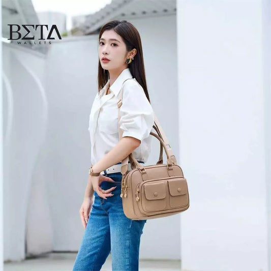 Ladies Vintage Leather Handbag Woman Square Shoulder Double Pocket Design