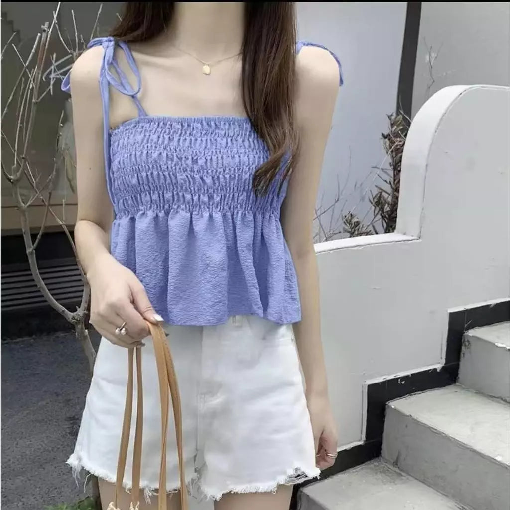 1026-Shirred Ruffle Trim Adjustable Shoulder Strap Fit Size (S-XL)