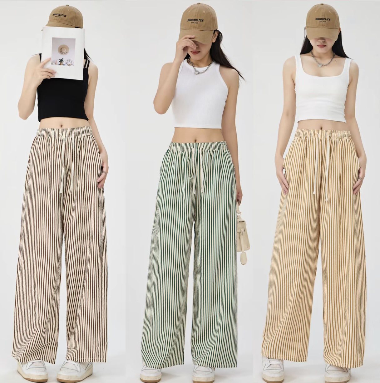 Double-Pocket Women's Vertical Stripe Textured Fabric Straight-Leg Pants Free Size Slimming Fashionable Trousers