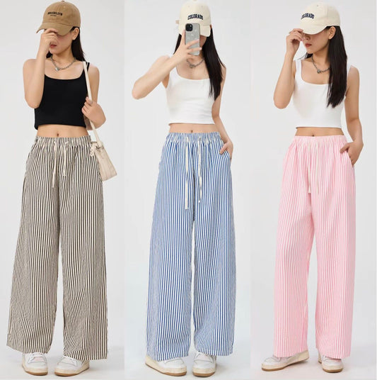 Double-Pocket Women's Vertical Stripe Textured Fabric Straight-Leg Pants Free Size Slimming Fashionable Trousers