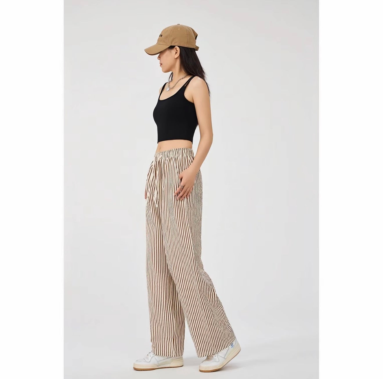 Double-Pocket Women's Vertical Stripe Textured Fabric Straight-Leg Pants Free Size Slimming Fashionable Trousers