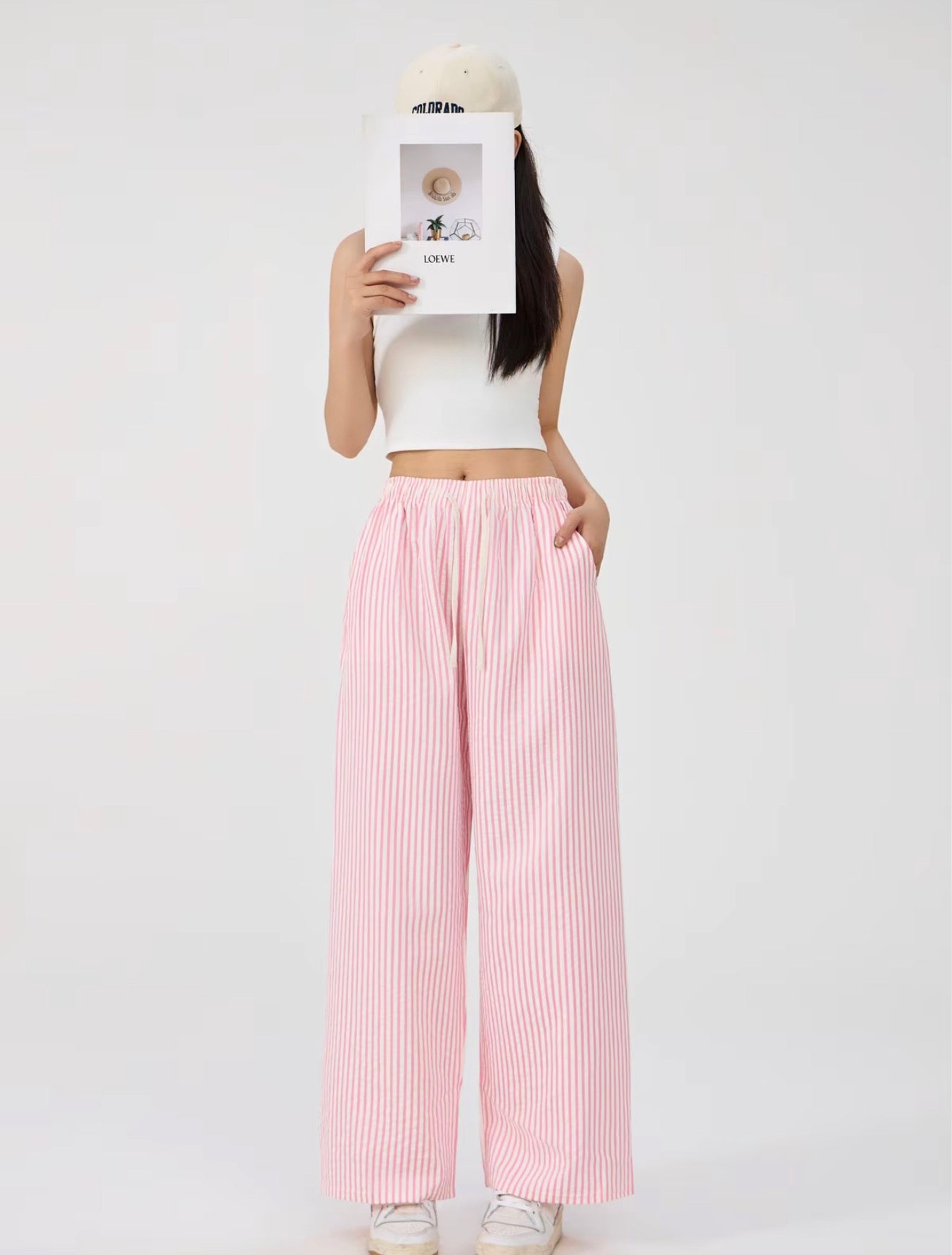 Double-Pocket Women's Vertical Stripe Textured Fabric Straight-Leg Pants Free Size Slimming Fashionable Trousers
