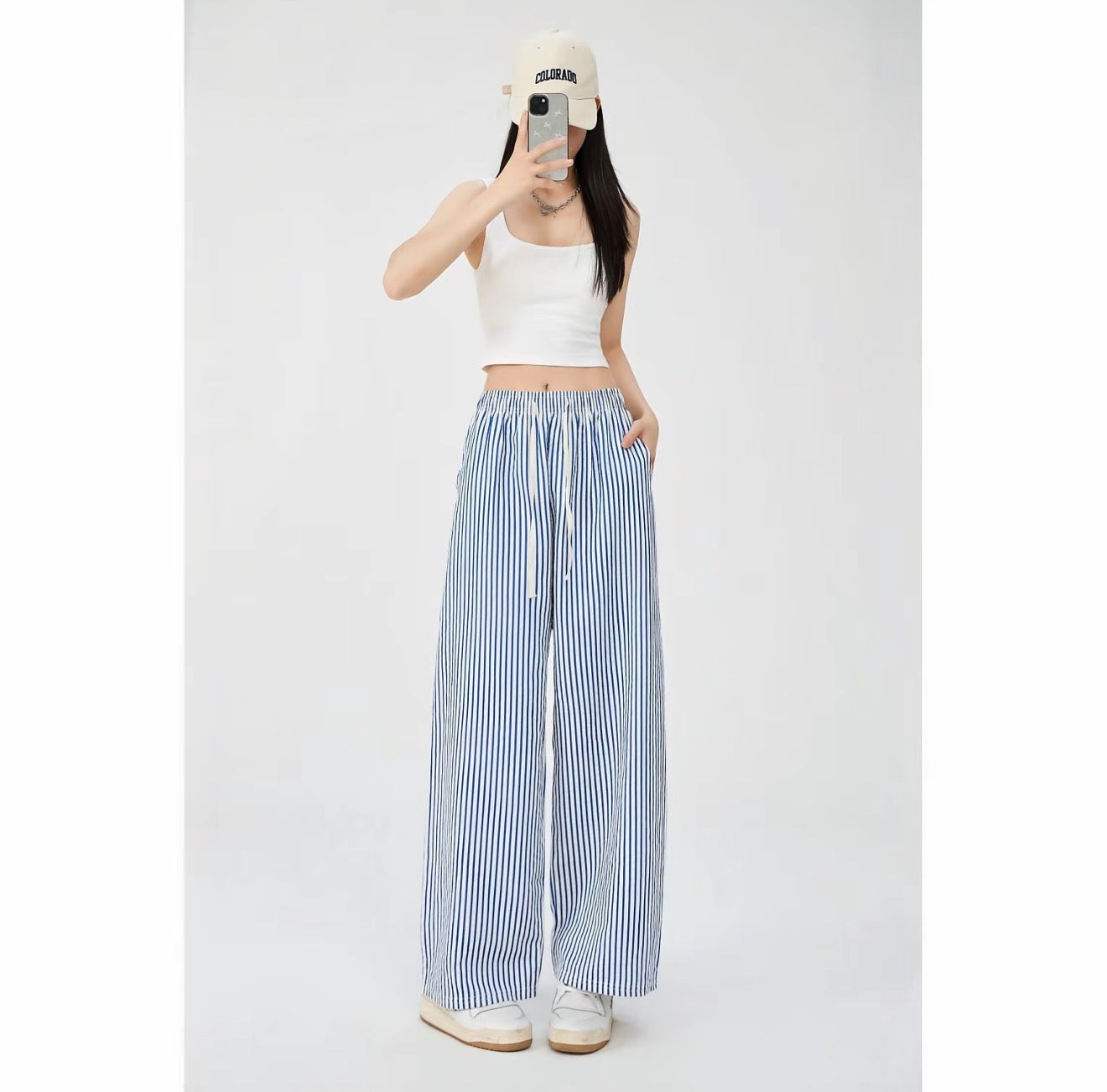 Double-Pocket Women's Vertical Stripe Textured Fabric Straight-Leg Pants Free Size Slimming Fashionable Trousers