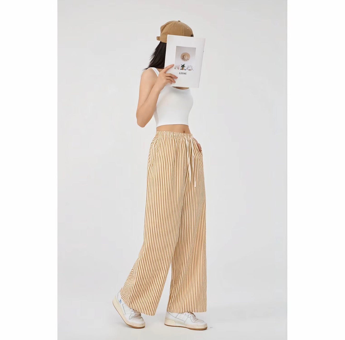 Double-Pocket Women's Vertical Stripe Textured Fabric Straight-Leg Pants Free Size Slimming Fashionable Trousers